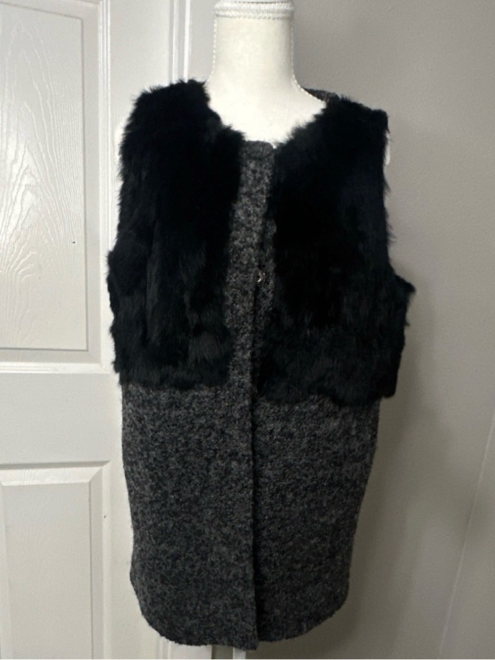 Black Faux Fur & Charcoal Wool Blend Sleeveless Coat